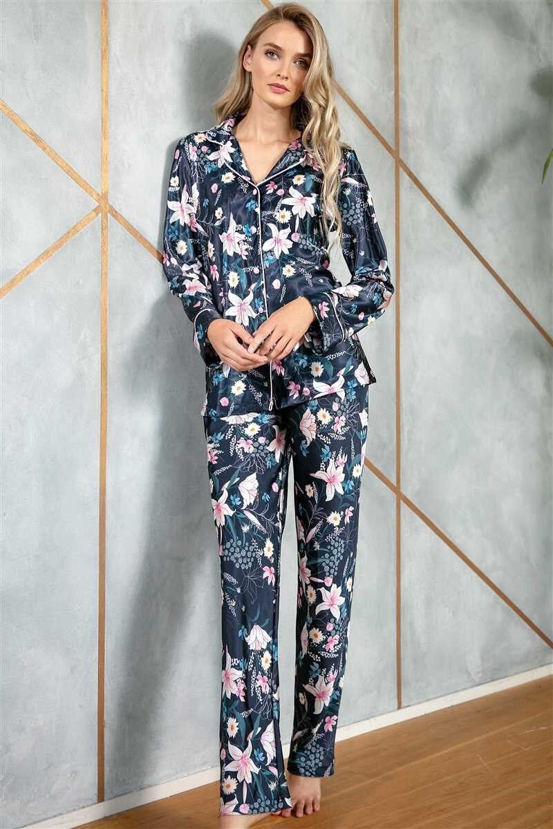 Kadın Saten Çiçek Baskılı Düğmeli Uzun Kol Gömlek ve Pantolon Pijama Takım (9723)