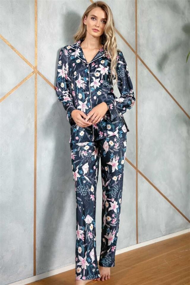 Kadın Saten Çiçek Baskılı Düğmeli Uzun Kol Gömlek ve Pantolon Pijama Takım (9723)