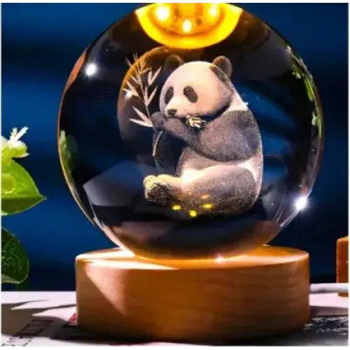 Dekoratif Panda Tasarımlı Ahşap Altlıklı Işıklı Cam Küre Büyük Boy Cam:8cm Ahşap:2cm