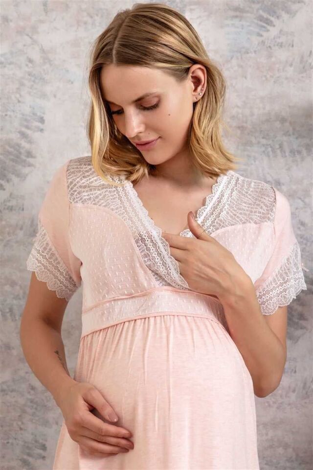 Kadın Viskon Hamile Lohusa Dantelli Sabahlık ve Önden Açılan Emzirme Uzun Gecelik Elbise Takım (5508)