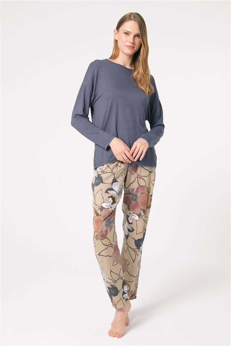 Anıl 9836 Uzun Kol Bisiklet Yaka Viskon Çiçek Desenli Kışlık Örme Normal Bel Dantel Detaylı Pijama Takımı