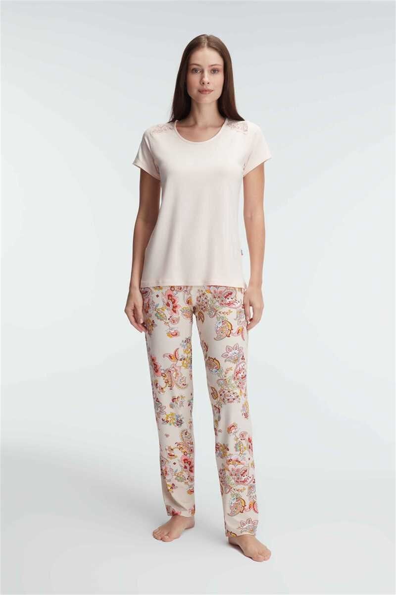 Anıl 9878 Kısa Kol Bisiklet Yaka Kadın Viskon Çiçek Desenli Yazlık Örme Dantel Detaylı Pijama Takımı