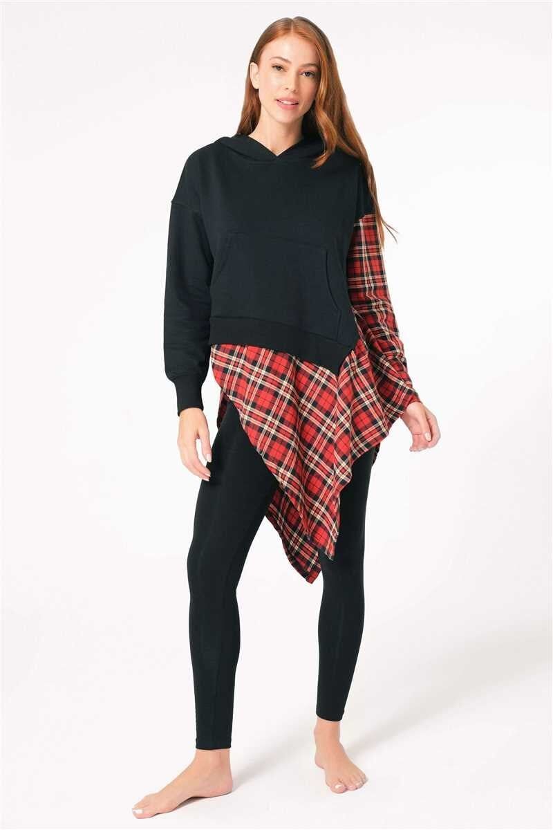 Kadın Pamuklu Ekose Kapüşonlu Uzun Kol Sweatshirt ve Tayt Takım (9748)