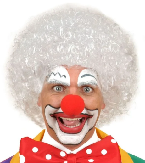 Beyaz Kıvırcık Afro Peruk ve Kırmızı Sünger Burun Seti