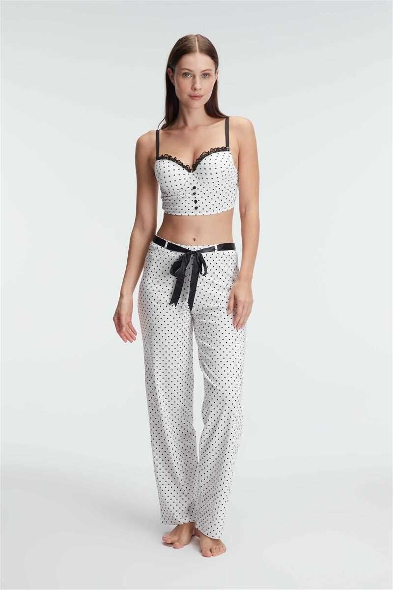 Fantezi Bralet Sütyen Pamuklu Puantiye Desenli Desteksiz Dantel Detaylı Pijama Takımı Anıl 4125