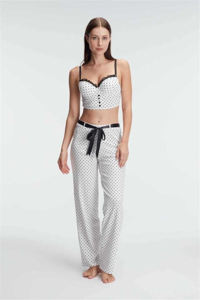 Fantezi Bralet Sütyen Pamuklu Puantiye Desenli Desteksiz Dantel Detaylı Pijama Takımı Anıl 4125