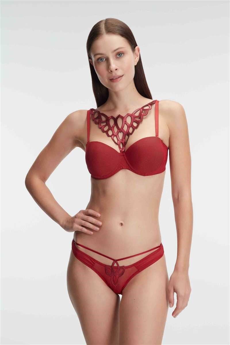 Kadın Balenli Destekli Dolgulu Askıları Çıkabilen Çıkabilen Yaka Aksesuarlı Sütyen ve String Takım (4715)