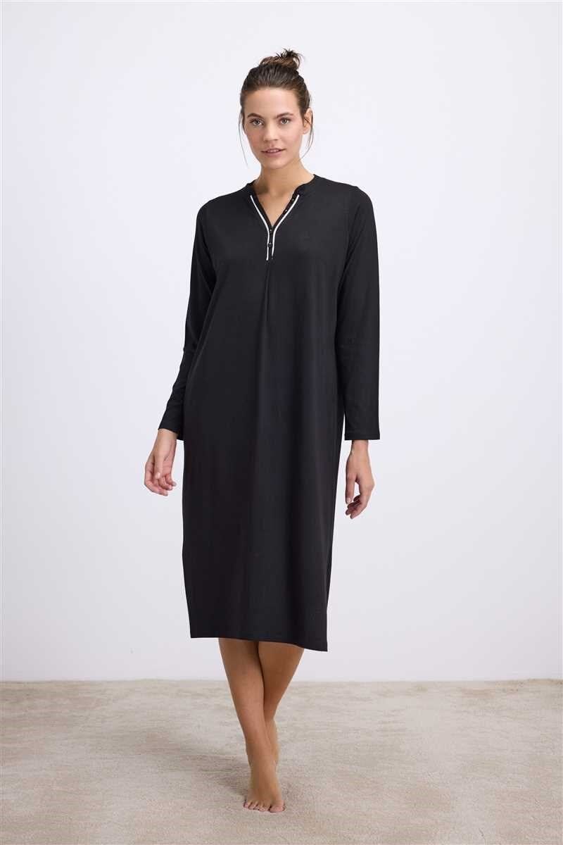 Anıl Kadın Siyah Uzun Kollu Düğme Detaylı Gecelik (11541)