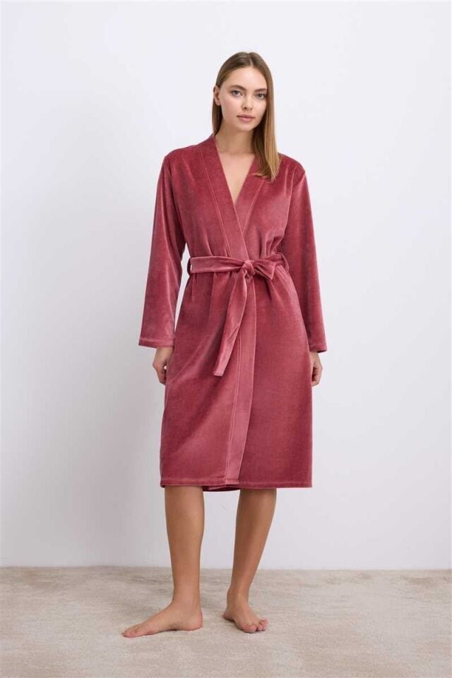 Anıl Kadın Kadife Dokulu Kuşaklı Uzun Kollu Sabahlık (11559)