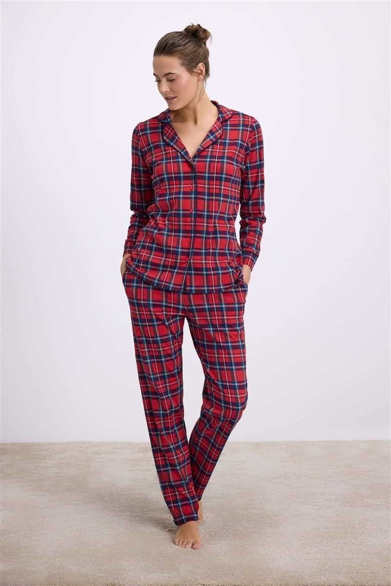 Anıl Kadın Uzun Kol Düğmeli Gömlek ve Ekose Pantolon Pijama Takımı 11580