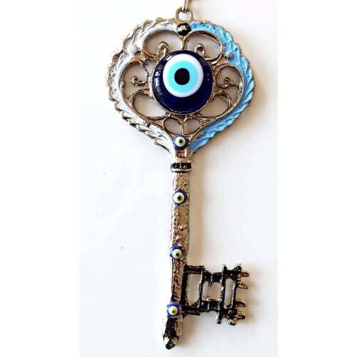 Gümüş Kaplama Nazar Boncuklu Beyaz Ve Mavi Nostaljik Anahtar Şekilli Duvar Süsü