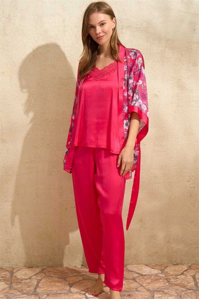 Kadın Saten Çiçek Baskılı Sabahlık Dantelli Atlet ve Pantolon Pijama 3'lü Takım (5645)
