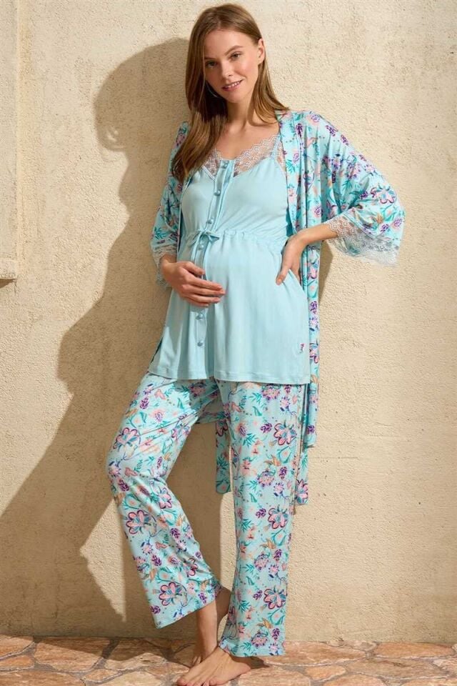 İp Askılı V Yaka Kadın Çiçek Desenli Yazlık Dantel Detaylı Hamile Pijama Takımı Sabahlık Anıl 5775