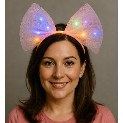 Rengarenk Led Işıklı Fiyonk Şekilli Tül Parti Tacı Pembe Renk 25x25 cm