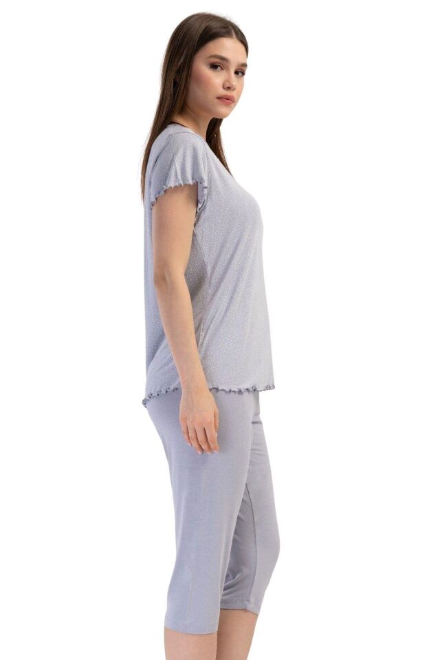 Likralı Viskon V Yaka Kısa Kol Eteği Oval Kapri Ta