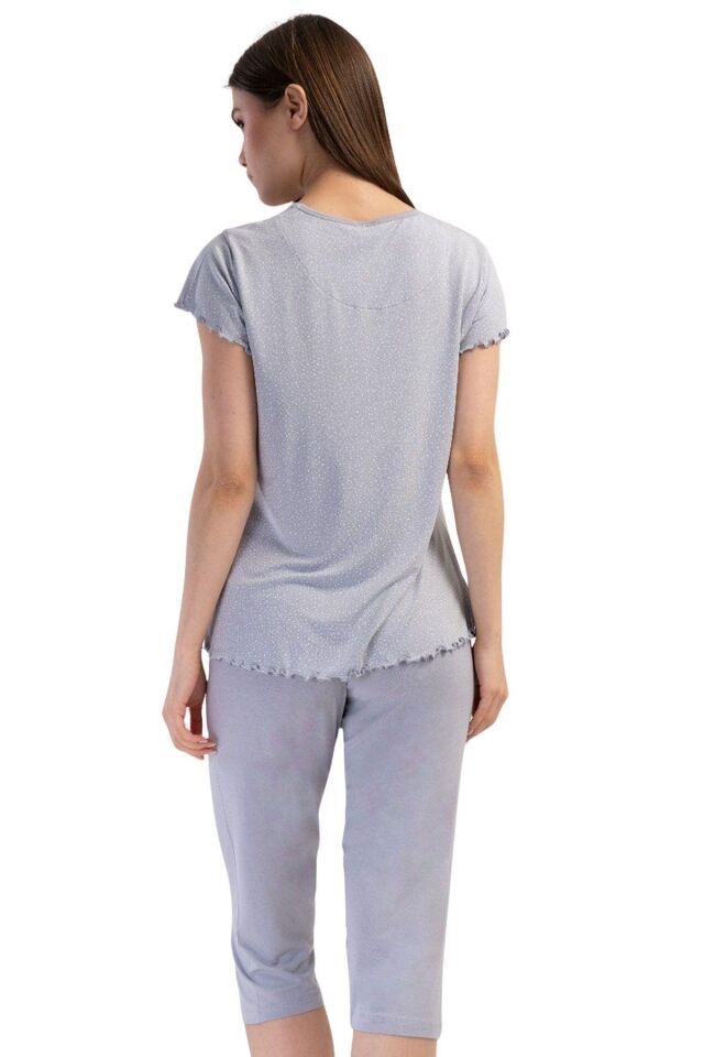 Likralı Viskon V Yaka Kısa Kol Eteği Oval Kapri Ta