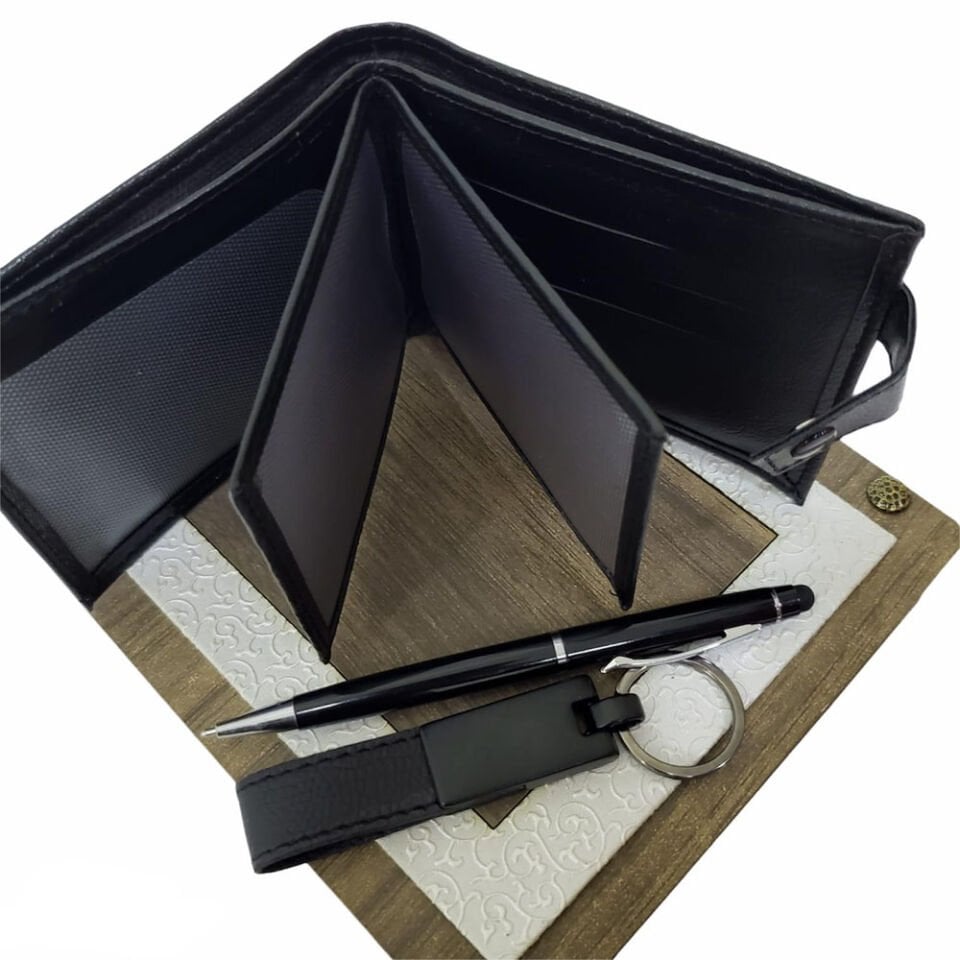 Ahşap Deri Kutulu Siyah Renk 3'lü Hediye Seti - Kalem, Cüzdan, Anahtar