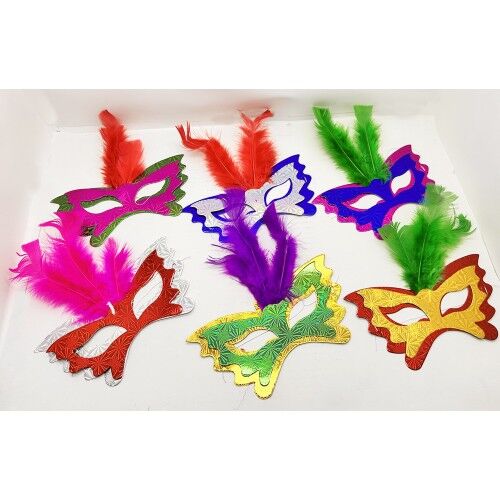 Renkli Parti Maskesi 6'lı | Tüylü Karton Maske Seti (Lastikli)