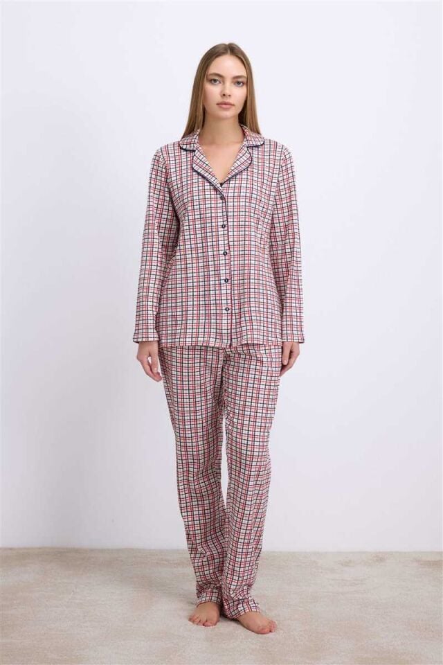 Anıl Kadın Pamuklu Uzun Kol Düğmeli Gömlek ve Ekose Pantolon Pijama Takımı Zamansız Şıklık 11627