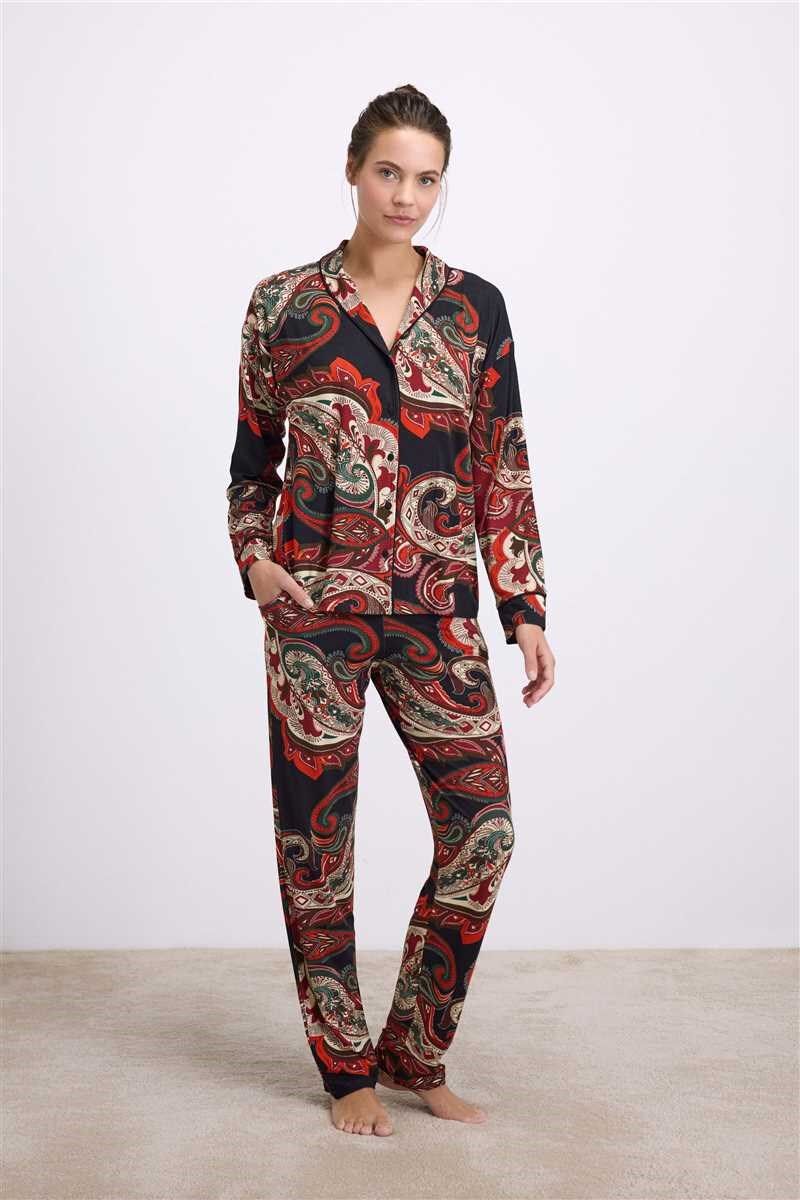 Anıl Kadın Desenli Uzun Kollu Gömlek ve Pantolon Pijama Takımı (11545)