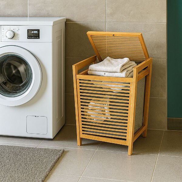 Orta Boy Ahşap Bambu Kirli Sepeti 40x35x60