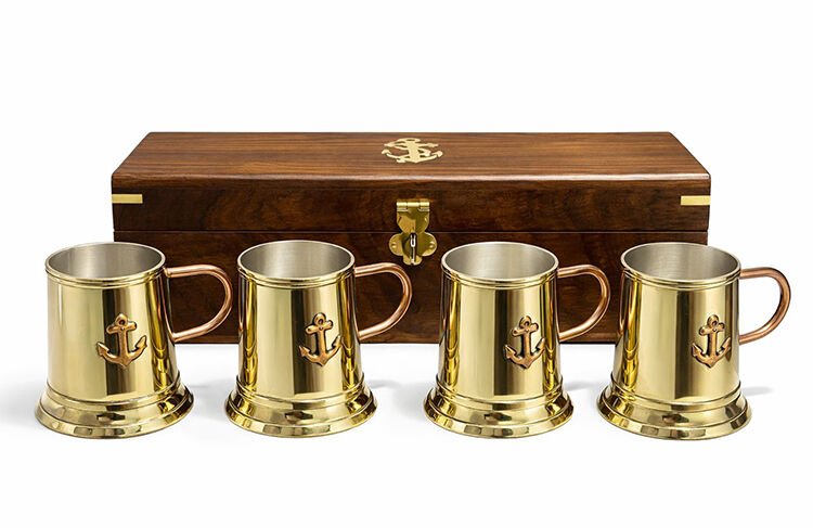 29x7 cm Ahşap Kutulu 4'lü Pirinç Fincan Seti