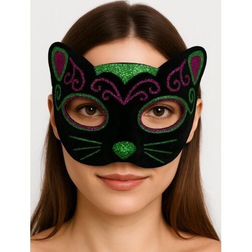 Siyah Kadife Kaplama Üzeri Pembe Yeşil Sim İşlemeli Kedi Maskesi 20x13 cm