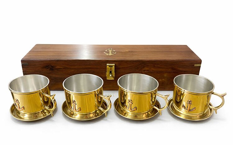38x10 cm Ahşap Kutulu 4'lü Pirinç Fincan Seti