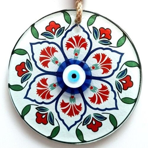 Karanfil Desenli Nazar Boncuklu Füzyon Cam Duvar Süsü