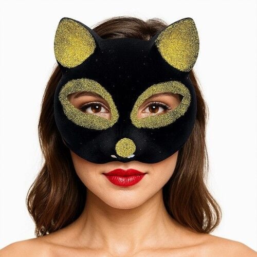 Siyah Renk Gold Simli Süet Kaplama Kedi Maskesi 18x14 cm