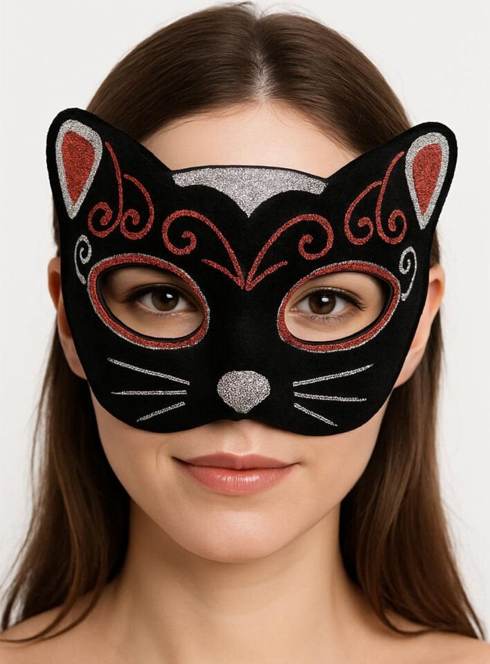Kadife Dokulu Simli Kedi Maskesi Kırmızı Gümüş Detaylı