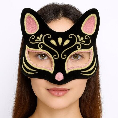 Siyah Renk Süet Kaplama Üzeri Pembe Sarı Simli Kedi Maskesi 17x14 cm