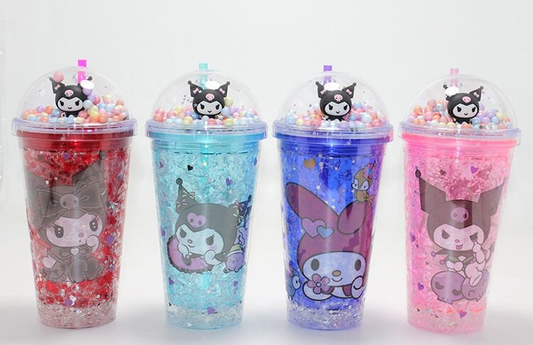 Sevimli Kuromi Işıklı Pipetli Boncuklu Suluk Bardak 400 ml