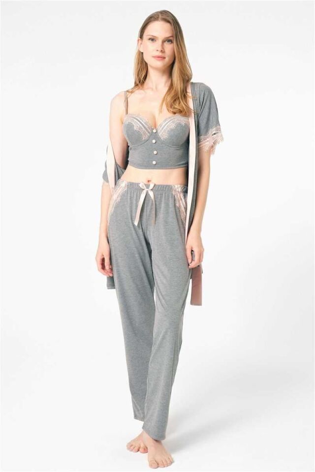 Anıl 5804 uzun kol V Yaka Viskon düz Kışlık Örme Normal Bel Bağlamalı Dantel Detaylı Pijama Takımı Sabahlık