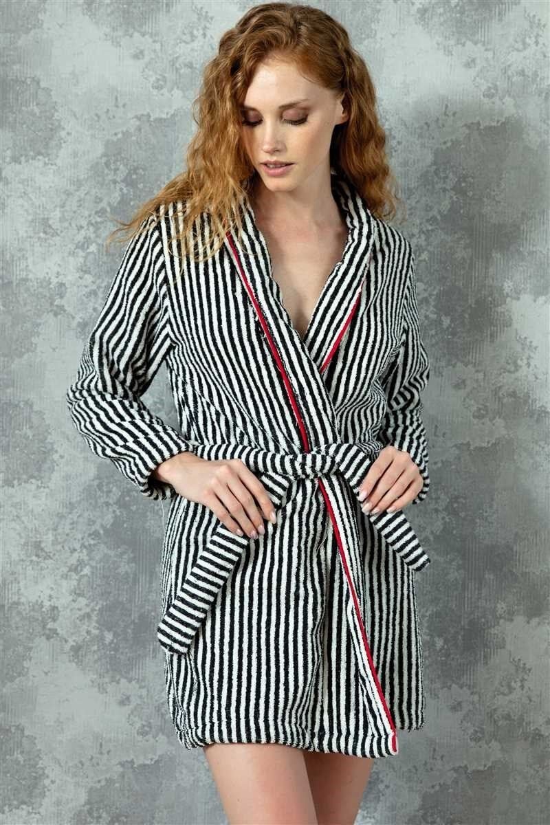 Kadın Pamuklu Çizgili Bornoz Sabahlık (5584)