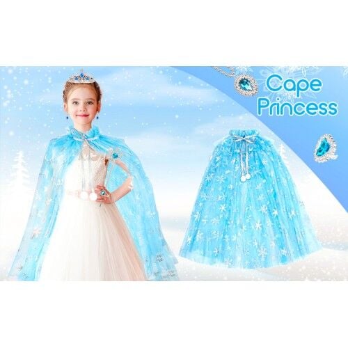 Karlar Ülkesi Elsa Frozen Mavi Pelerin – 80 cm Kar Desenli Çocuk Pelerini ( Taç Hariç )
