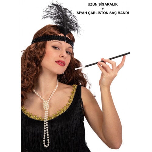 1920'ler Gatsby Aksesuar Seti – Siyah Charleston Saç Bandı & Sigaralık