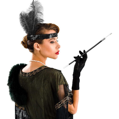1920'ler Gatsby Aksesuar Seti – Siyah Charleston Saç Bandı & Sigaralık