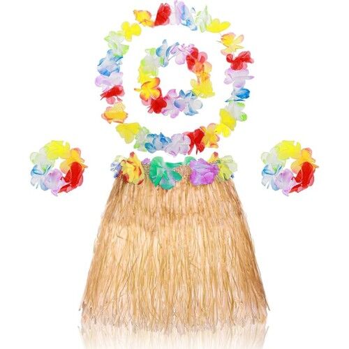 Yetişkin Çocuk Hawaii Parti Seti - 40 cm Naturel Etek + Çiçek Aksesuarlar (5 Parça)