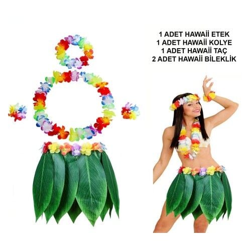 Yetişkin Hawaii Kostüm Seti - Yaprak Etek & Hawaii Set - 5 Parça