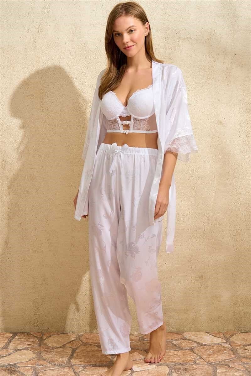Kadın Saten Çiçek Desenli Dantelli Sabahlık Balenli Destekli Dolgulu Büstiyer Sütyen ve Pantolon Pijama 3'lü Takım (4821)
