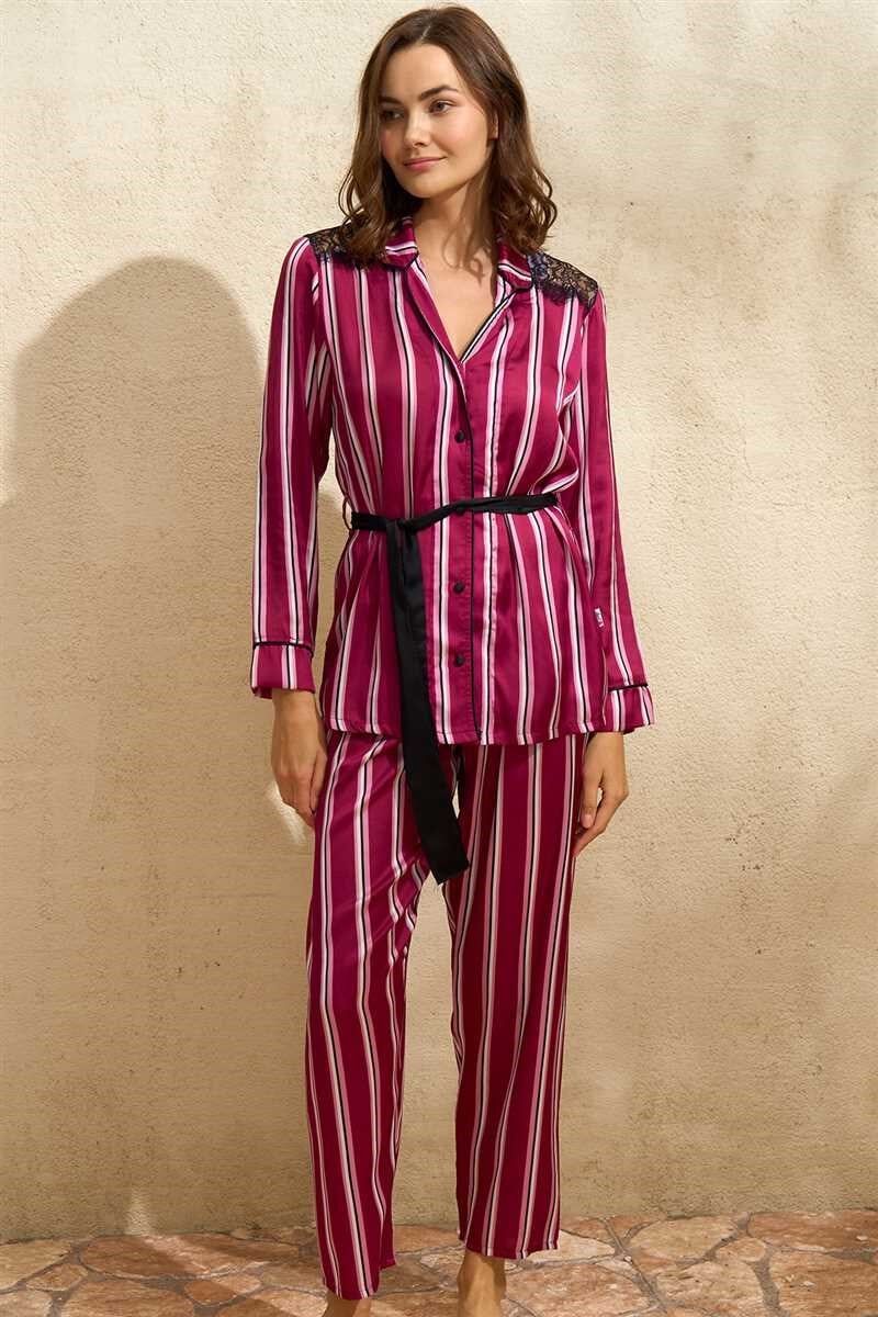Kadın Saten Çizgili Düğmeli Uzun Kol Dantelli Gömlek ve Pantolon Pijama Takım (9765)