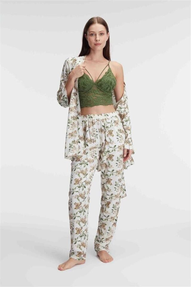 Anıl 5829 İp Askılı V Yaka Kadın Çiçek Desenli Yazlık Dokuma Dantel Detaylı Pijama Takımı Sabahlık