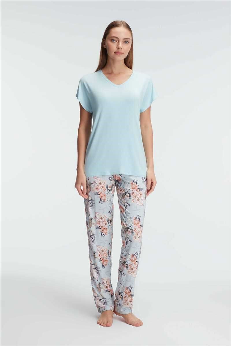Anıl 9889 Kısa Kol V Yaka Kadın Viskon Çiçek Desenli Yazlık Örme Dantel Detaylı Pijama Takımı
