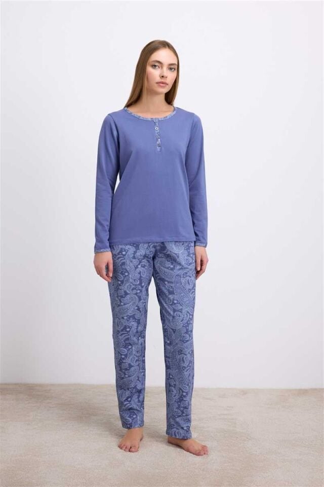 Anıl Kadın Uzun Kollu T-Shirt ve Desenli Pantolon Pijama Takımı (11566)