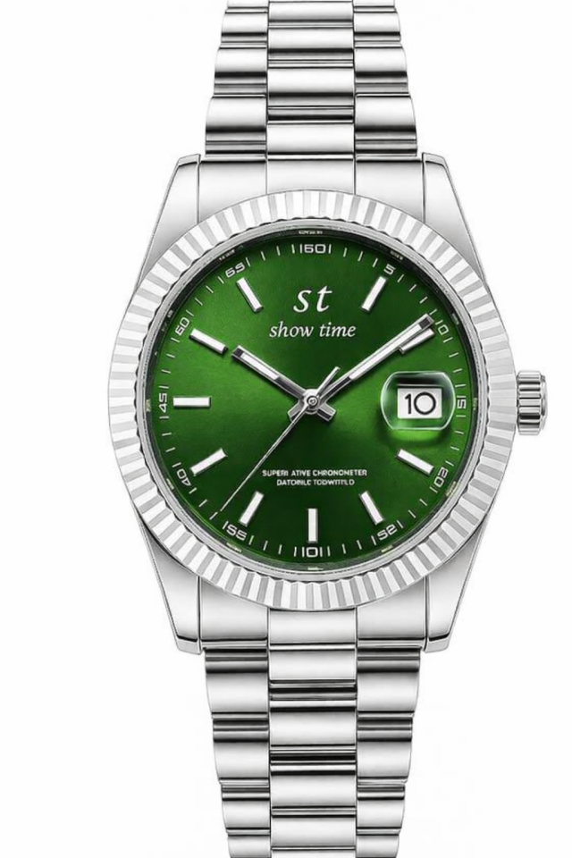 GÜMÜŞ-YEŞİL PASLANMAZ ÇELİK ERKEK KOL SAATİ