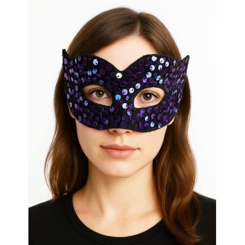 Mor Renk Arkadan Lastikli Pul Payet İşlemeli Balo After Parti Maskesi