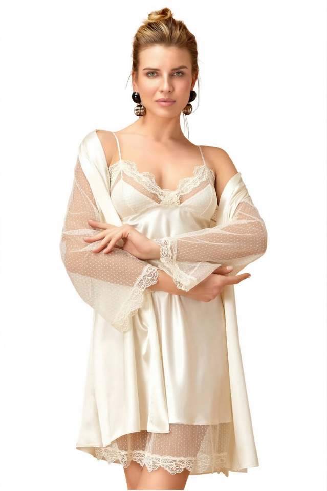 Dantel Detaylı Saten Gecelik ve Sabahlık Takımı Kimono Set
