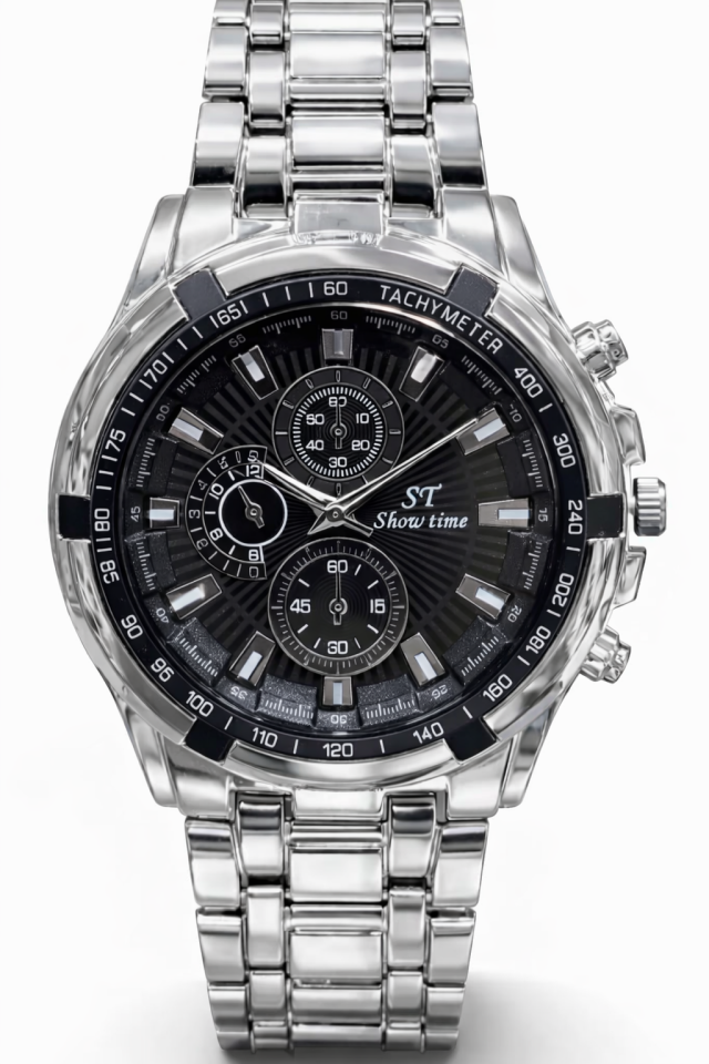 GÜMÜŞ-SİYAH PASLANMAZ ÇELİK ERKEK KOL SAATİ