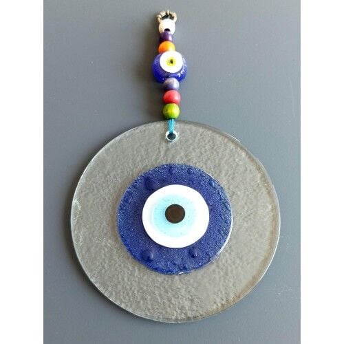 Mavi Nazar Boncuklu El Yapımı Şeffaf Cam Duvar Süsü